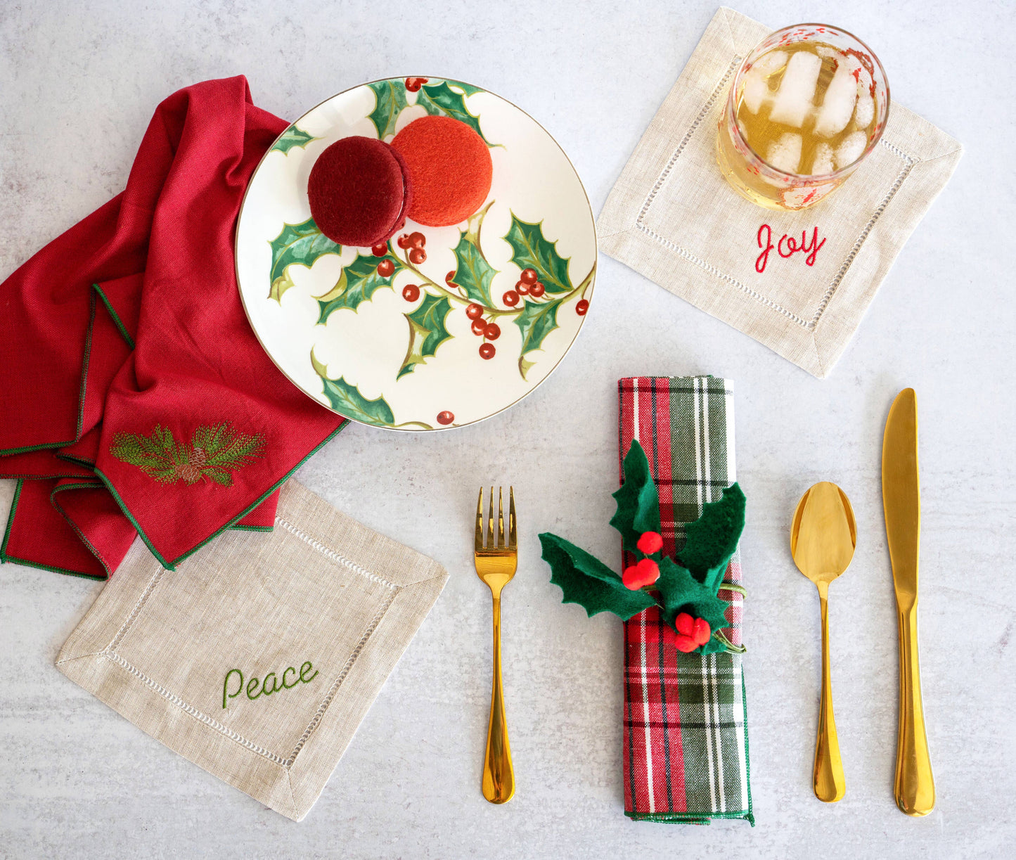 Holiday Word Linen Coasters, set of four: Green