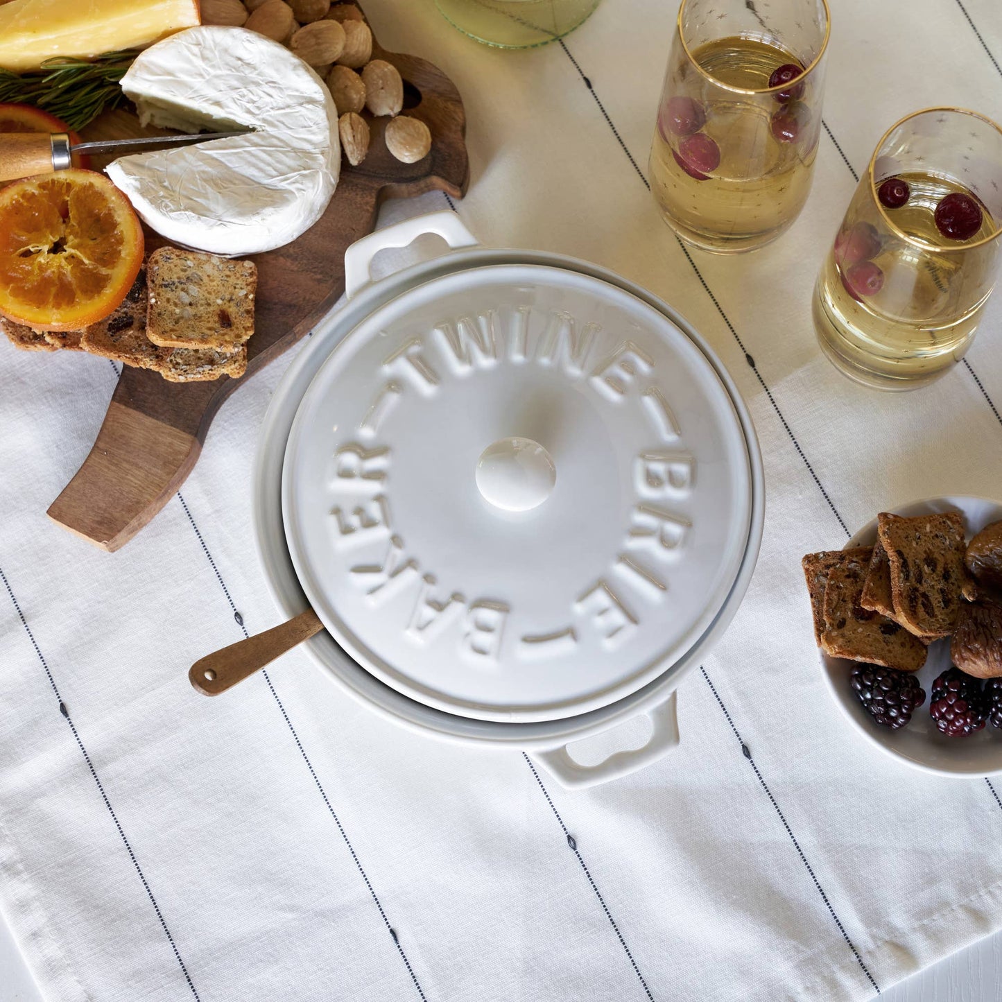 White Ceramic Brie Baker and Lid with Acacia Spreader