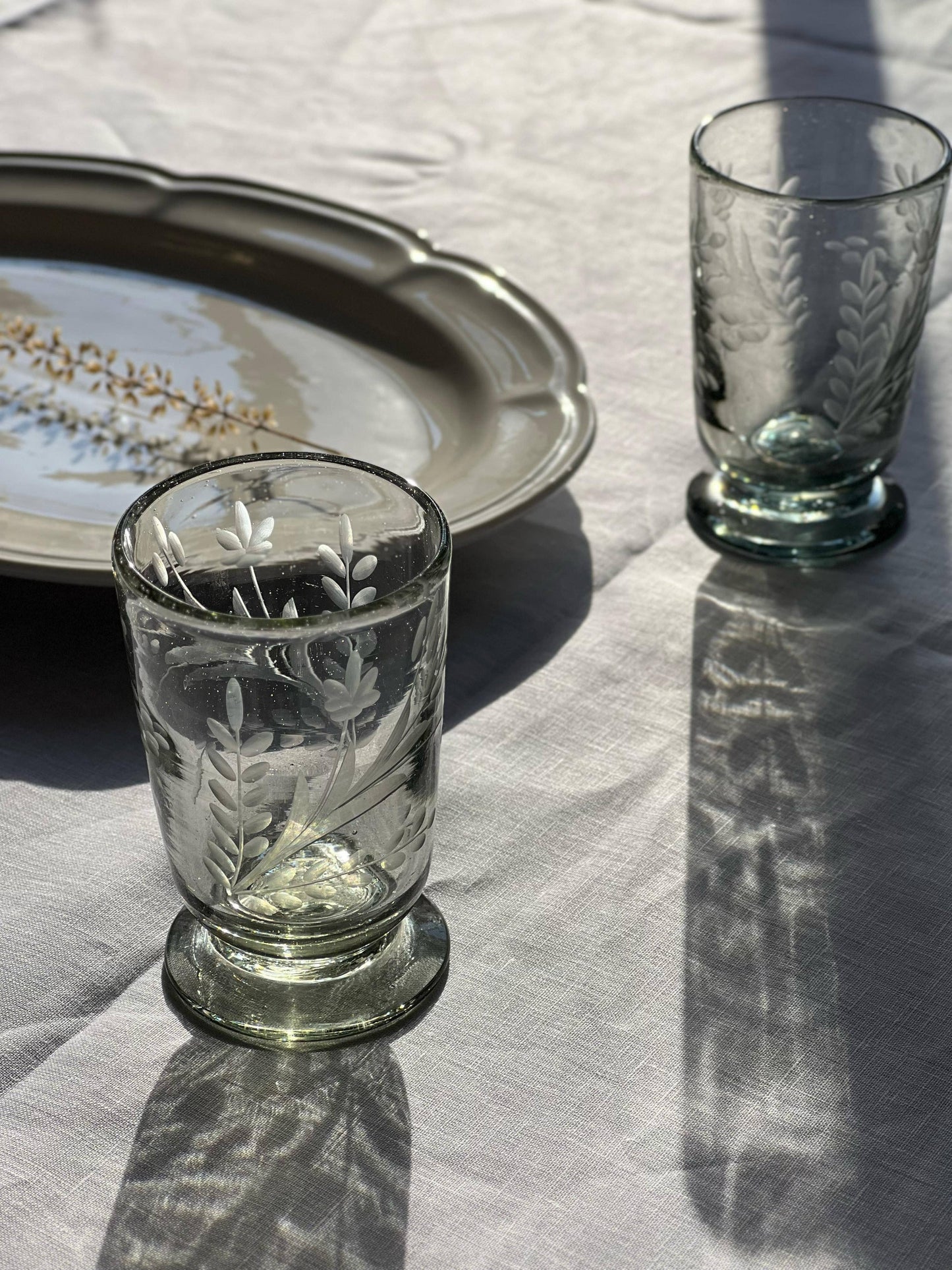 Hand-etched Blown Footed Glass