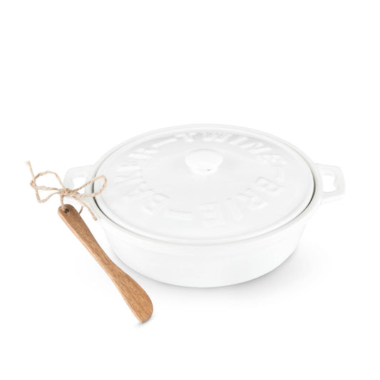 White Ceramic Brie Baker and Lid with Acacia Spreader