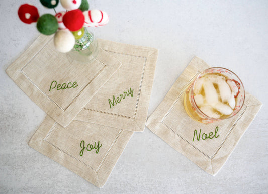 Holiday Word Linen Coasters, set of four: Green