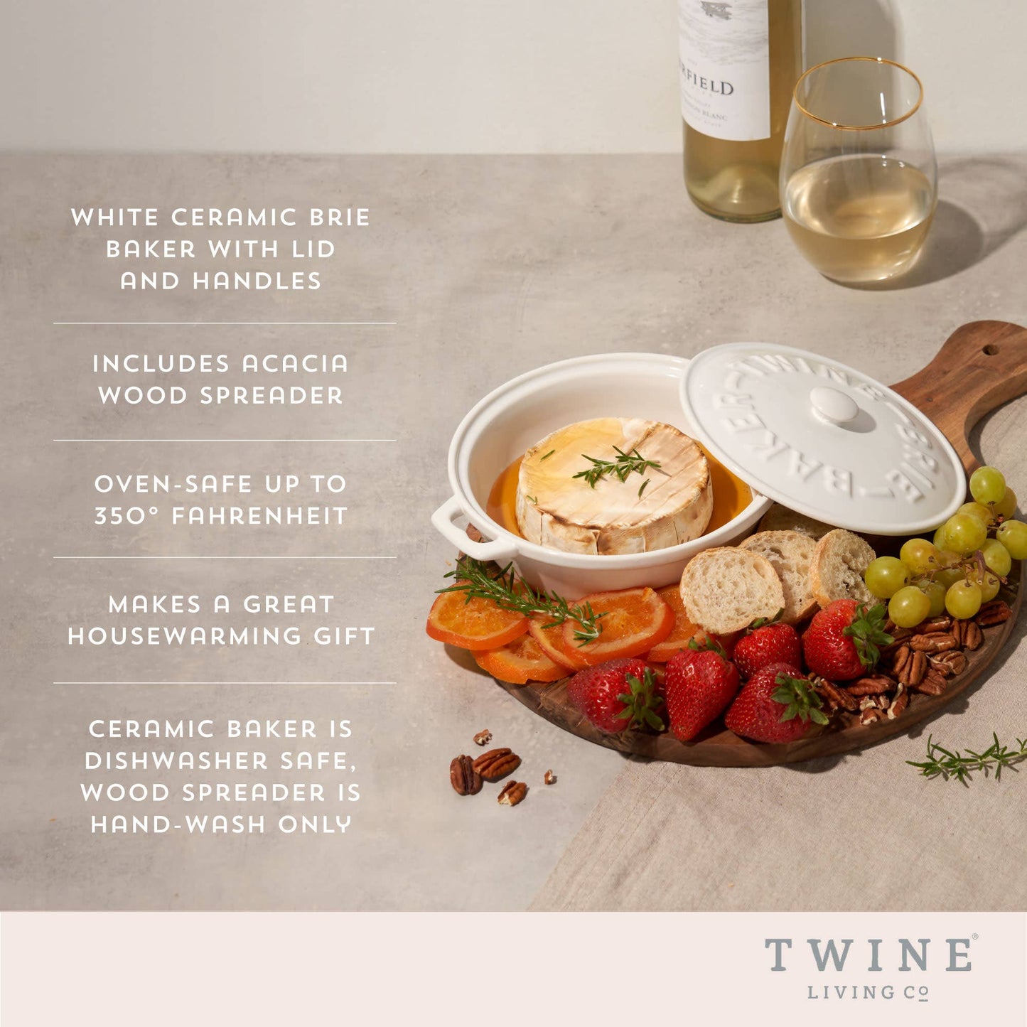 White Ceramic Brie Baker and Lid with Acacia Spreader