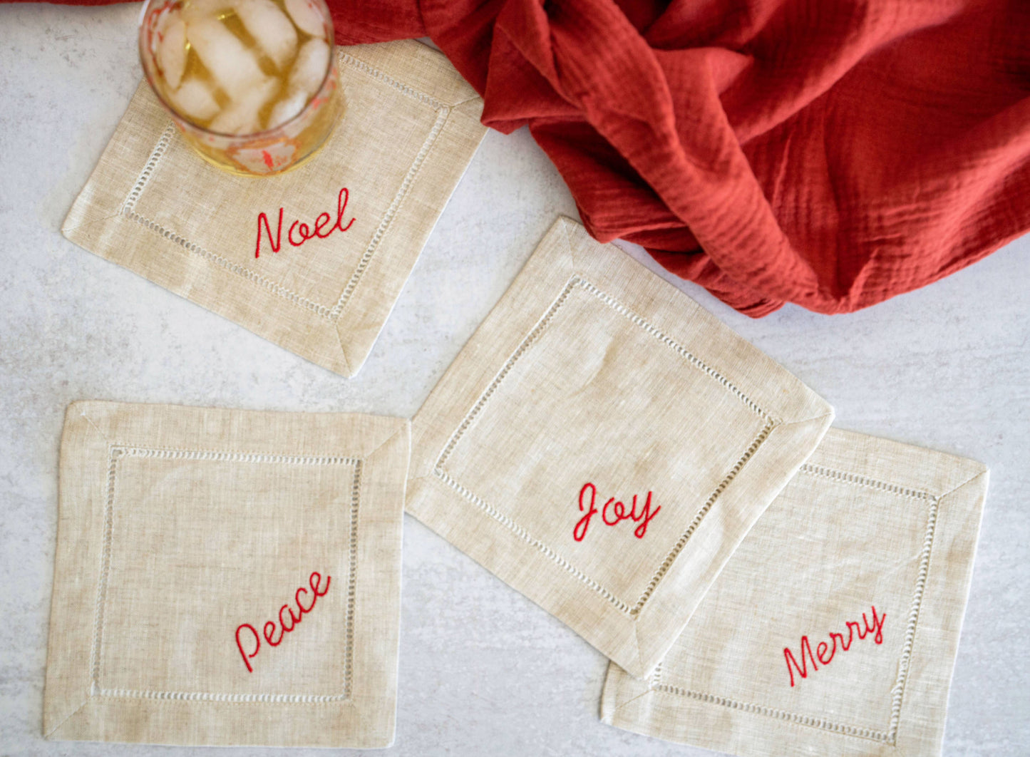 Holiday Word Linen Coasters, set of four: Green